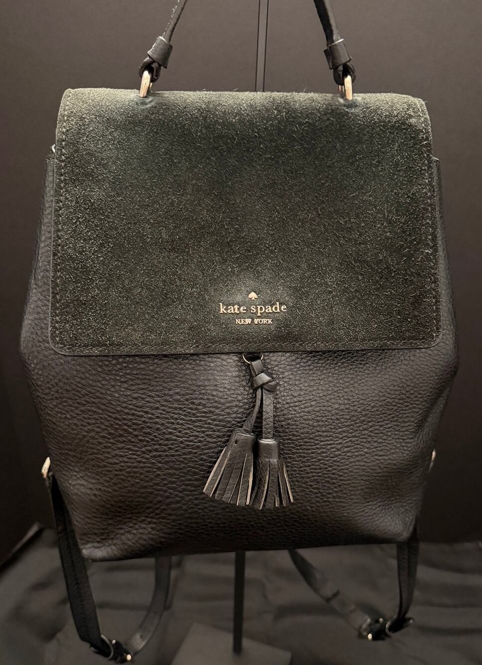 Kate Spade Hayes Flap Black Suede Leather Backpack Pink Leather Int 10x10x5”